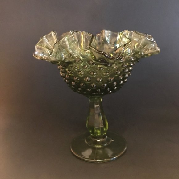Fenton Avocado Green Glass  Candy / Compote Dish Ruffled Edge Hobnail Pattern - Picture 2 of 5